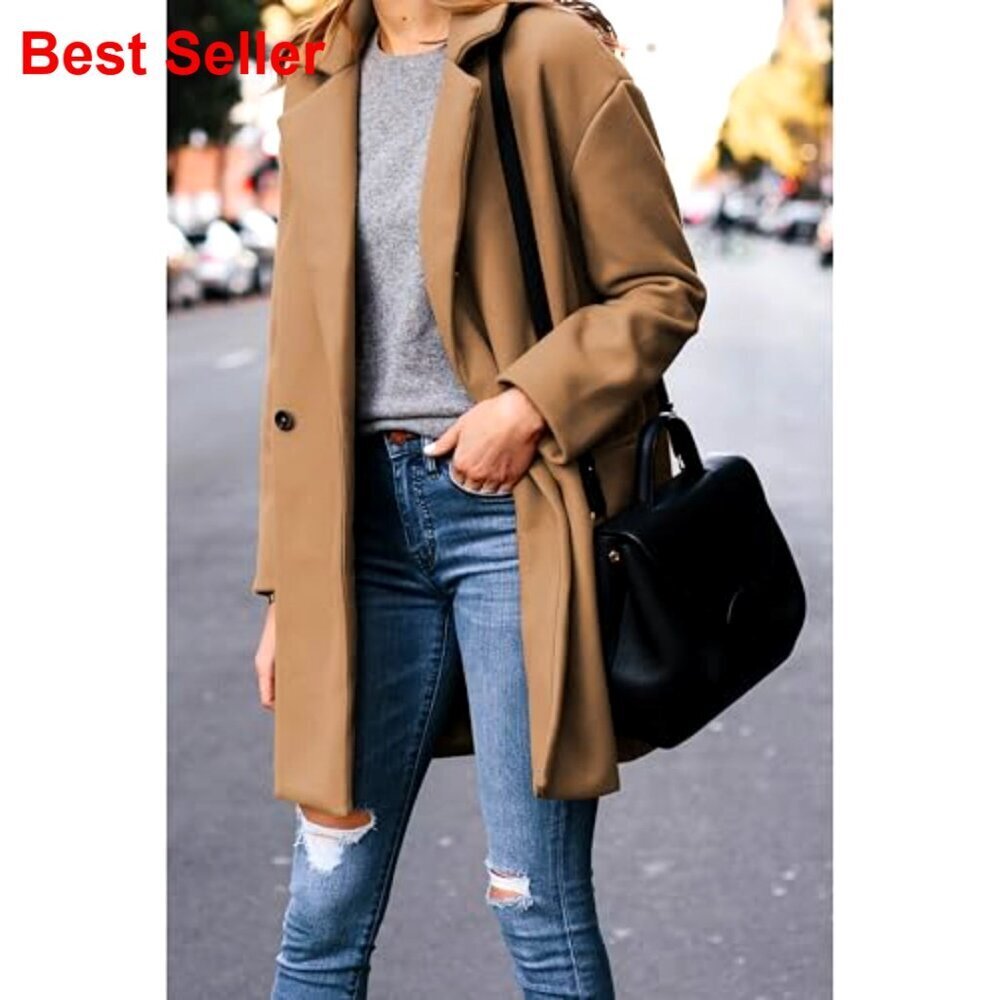Notched Lapel Wool Blend Pea Coat Single Breasted Blazer Style - Picture 6 of 7